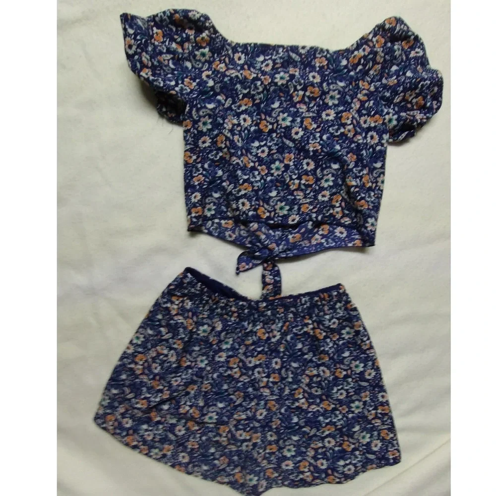 Speechless Girls 2pc‎ Blue Floral Matching Skirt Set Puff Sleeve Top Size12